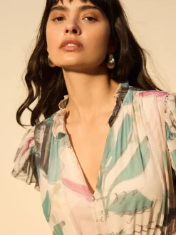 Ecru Floral - Robe longue Grande occasion à col en V Imprimé en maille Plissé