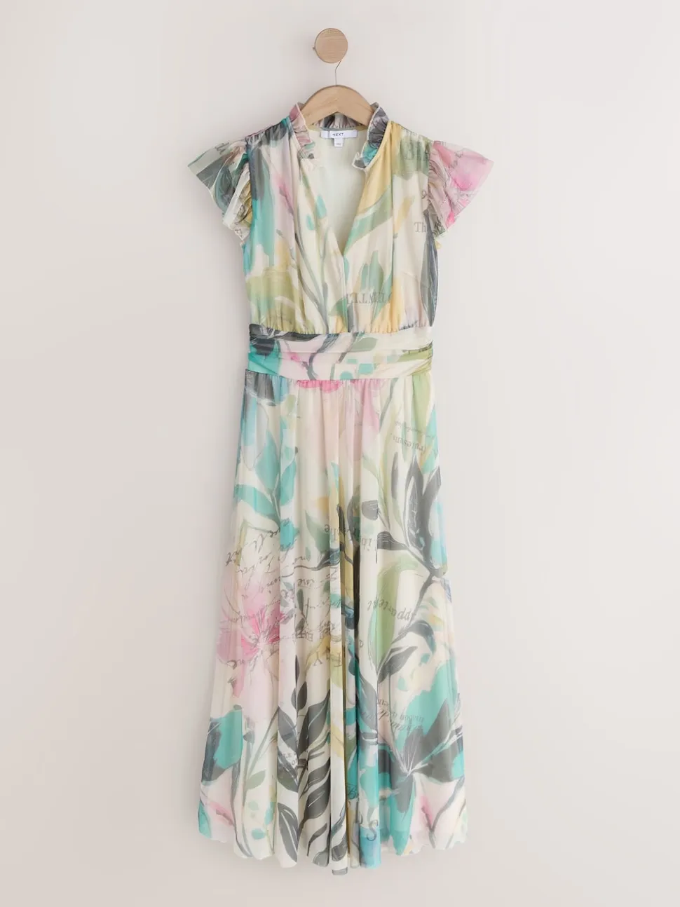 Ecru Floral - Robe longue Grande occasion à col en V Imprimé en maille Plissé