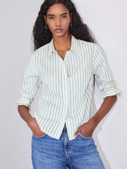 Ecru/Marine - Chemise extensible ajustée Essential à manches longues