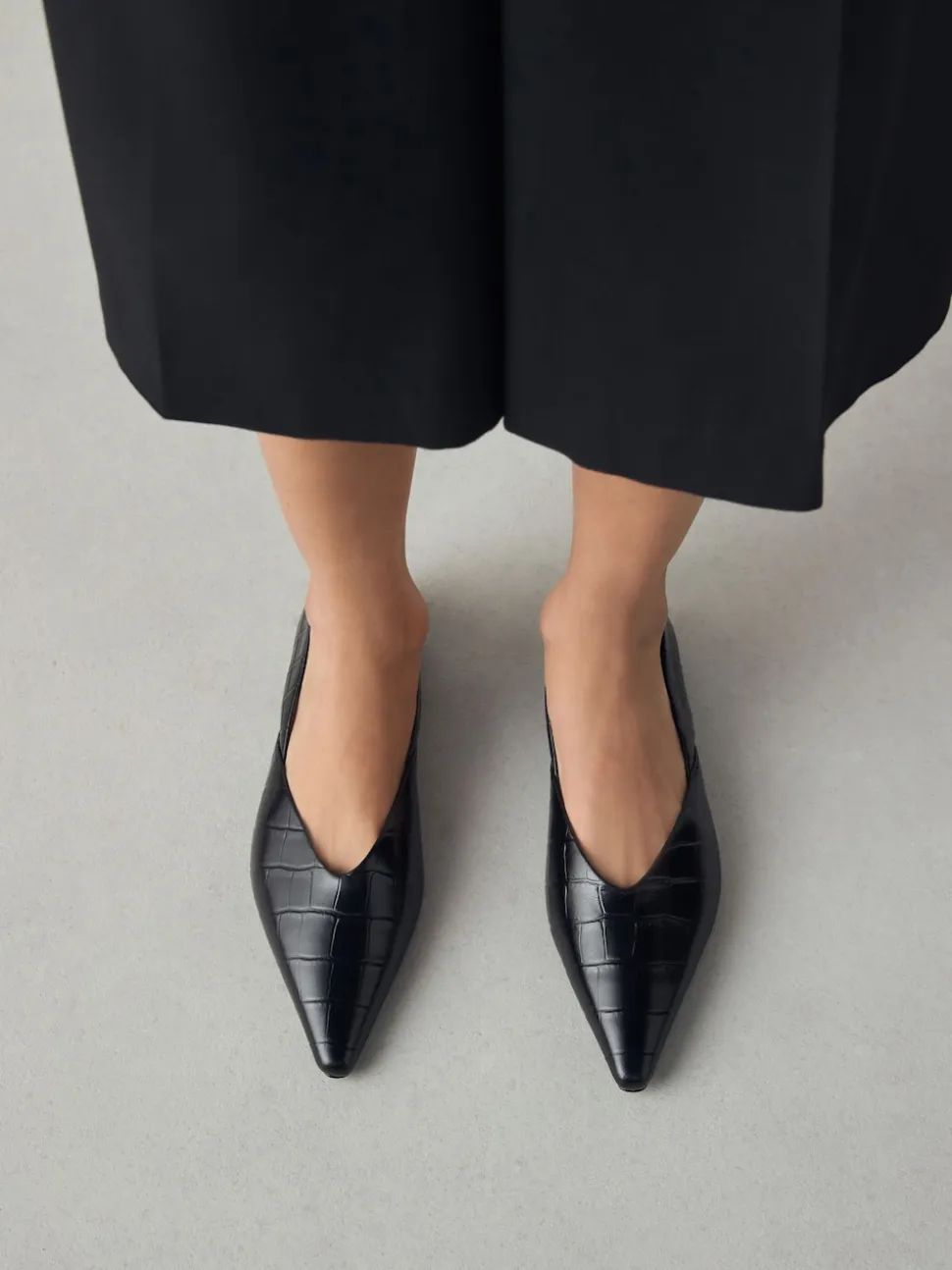 Effet Croc noir - Ballerines en cuir haut de gamme à bout pointu