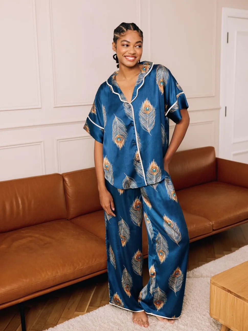 Ensemble de pyjamas longs oversize en satin Their Nibs Peacock