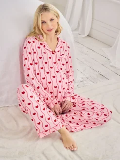 Ensemble de pyjamas longs Chelsea Peers Grossesse à rayure ondulée imprimée cœur