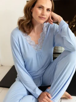Ensemble Nora Rose en jersey festonné Col en V  Dentelle Pyjama à manches longues