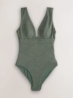 Feuille vert kaki texturée - Maillot de bain plongeant et galbant avec contrôle du ventre
