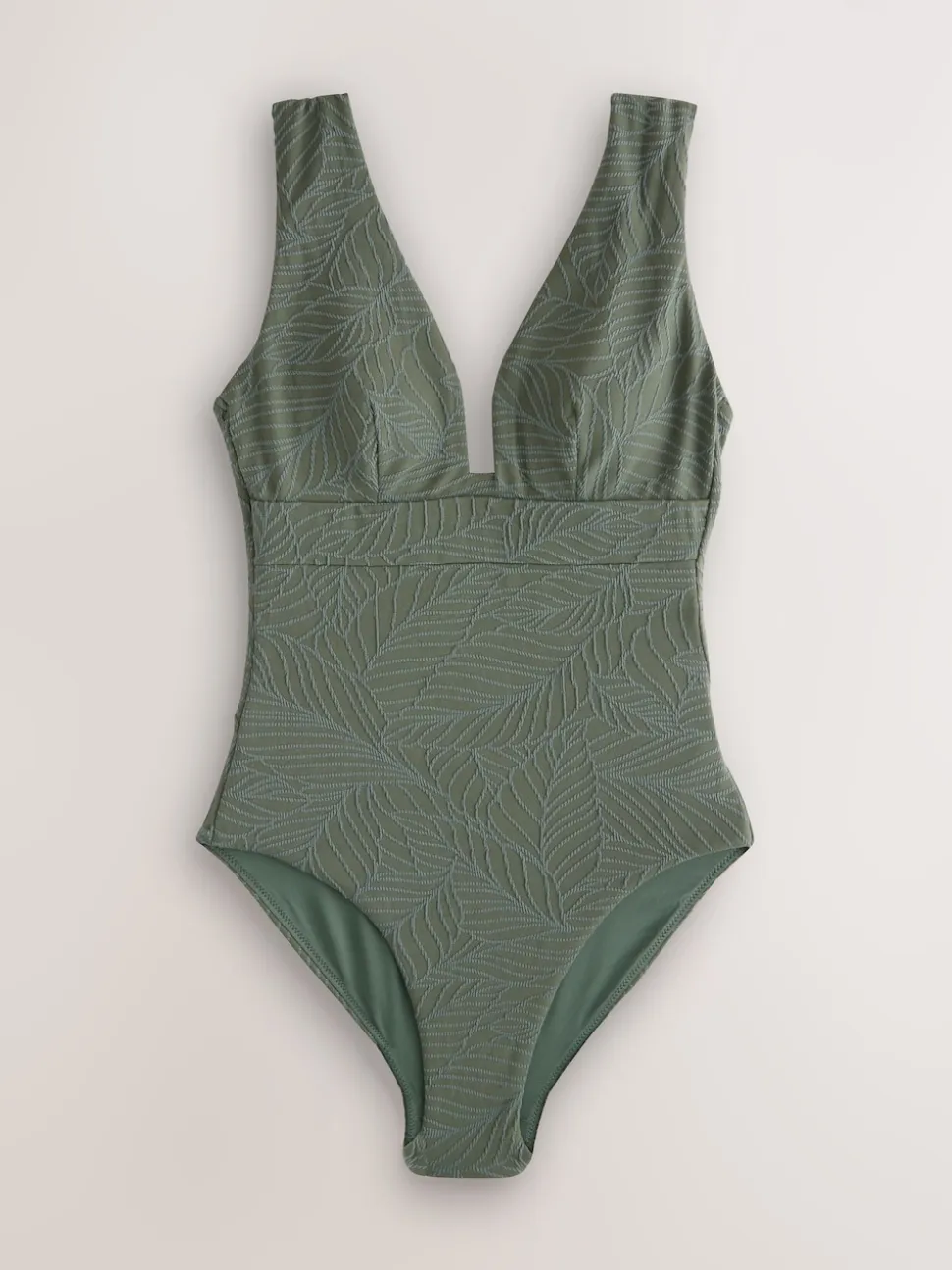 Feuille vert kaki texturée - Maillot de bain plongeant et galbant avec contrôle du ventre