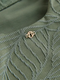 Feuille vert kaki texturée - Maillot de bain plongeant et galbant avec contrôle du ventre