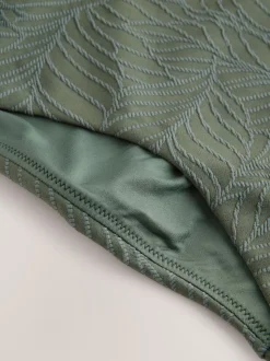 Feuille vert kaki texturée - Maillot de bain plongeant et galbant avec contrôle du ventre