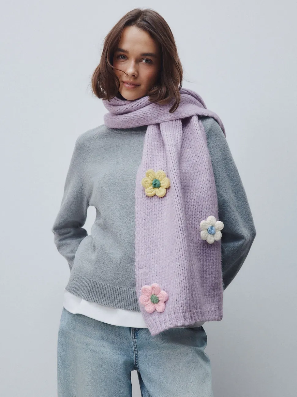 Fleur de lilas - Écharpe épaisse en maille à la main