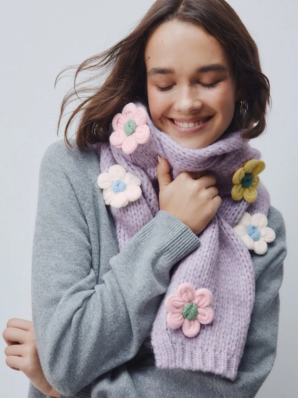 Fleur de lilas - Écharpe épaisse en maille à la main