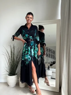 Fleuri placement Vert - Robe chemise Style Cheat Daphne à ceinture