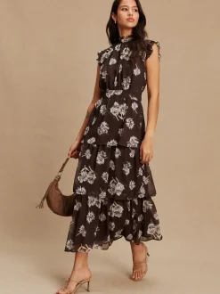 Floral brun - Robe longue imprimée à col haut et à volants