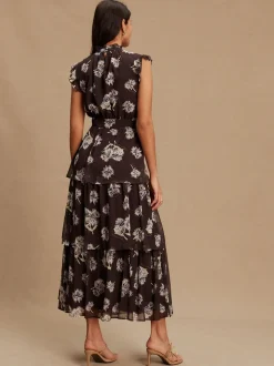 Floral brun - Robe longue imprimée à col haut et à volants