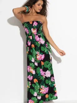 Floral noir - Pour Moi robe de plage longue tissée à corsage froncé Maxi bretelles