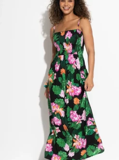 Floral noir - Pour Moi robe de plage longue tissée à corsage froncé Maxi bretelles