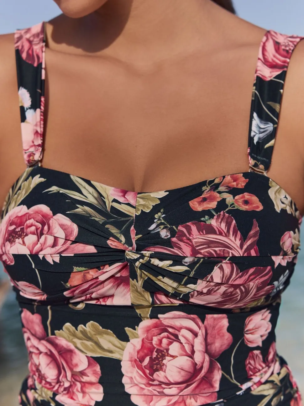 Floral noir - Tankini bandeau à larges bretelles avec contrôle du ventre