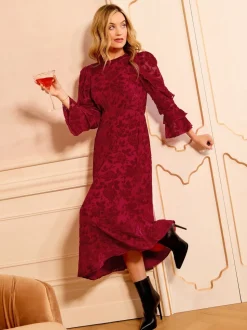 Floral rouge - Robe mi-longue Love & Roses Tissu dévoré Volants