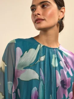 Floral vert - Robe longue en maille à manches longues