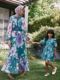 Floral vert - Robe longue en maille à manches longues