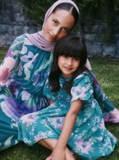 Floral vert - Robe longue en maille à manches longues