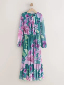Floral vert - Robe longue en maille à manches longues