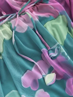 Floral vert - Robe longue en maille à manches longues