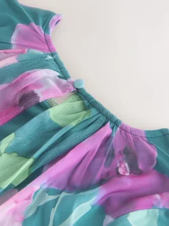 Floral vert - Robe longue en maille à manches longues