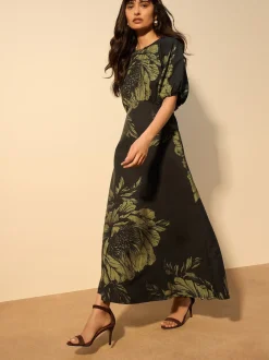 Floral vert - Robe mi-longue imprimée à manches bouffantes