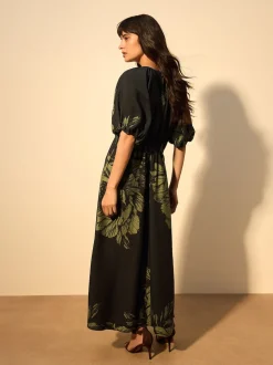 Floral vert - Robe mi-longue imprimée à manches bouffantes