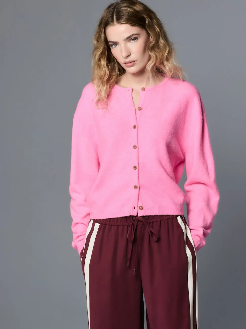 Fluro Rose - Cardigan tricoté à Col rond en laine