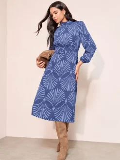 Géo bleu - Friends Like These Col montant Manches longues Mi-long Robe avec détails en nœud