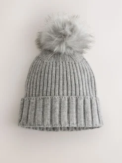 Gris - Bonnet à pompon en maille côtelée