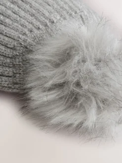 Gris - Bonnet à pompon en maille côtelée