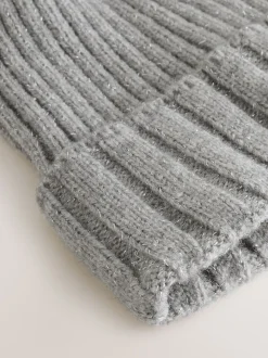 Gris - Bonnet à pompon en maille côtelée