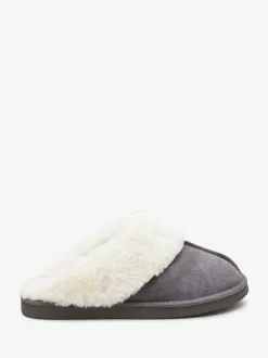Gris - Chaussons mules en daim doublés de fausse fourrure