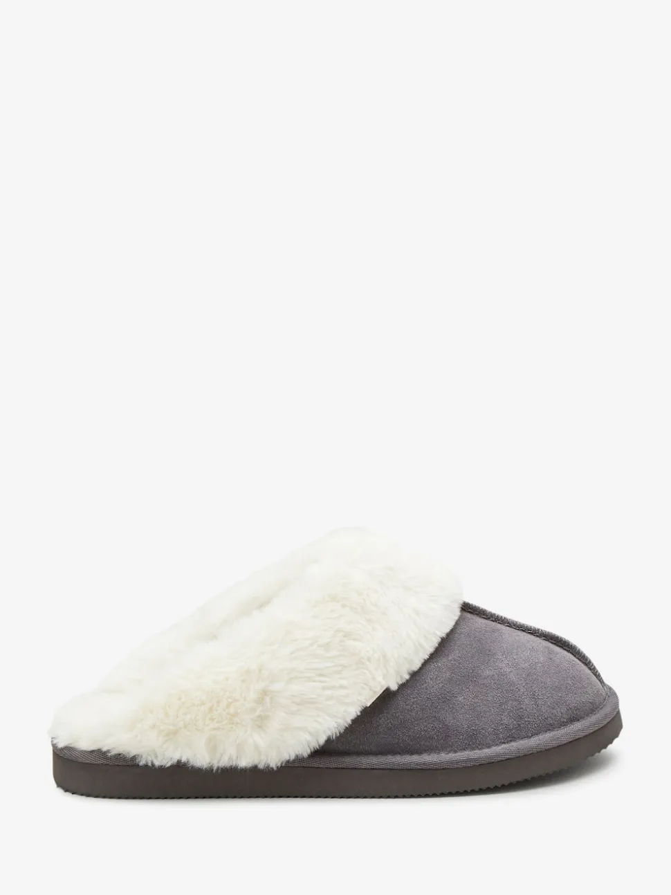Gris - Chaussons mules en daim doublés de fausse fourrure