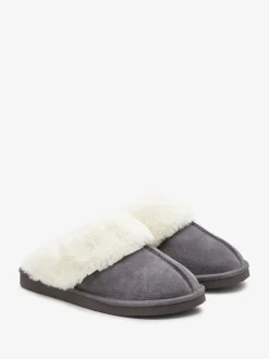 Gris - Chaussons mules en daim doublés de fausse fourrure