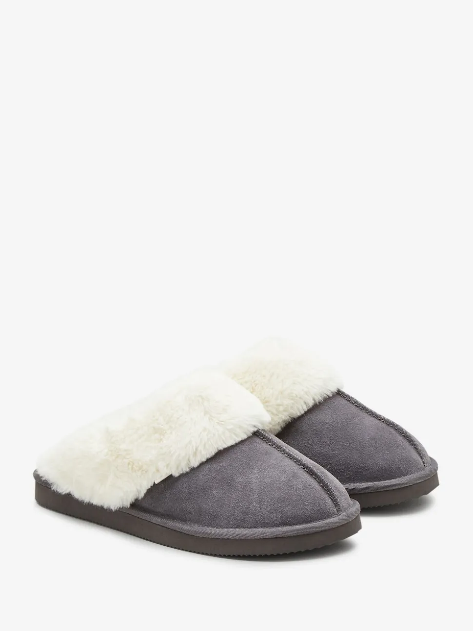 Gris - Chaussons mules en daim doublés de fausse fourrure