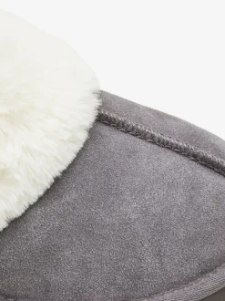 Gris - Chaussons mules en daim doublés de fausse fourrure