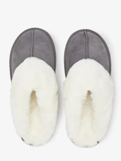 Gris - Chaussons mules en daim doublés de fausse fourrure