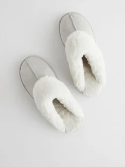 Gris - Chaussons mules en daim et fausse fourrure
