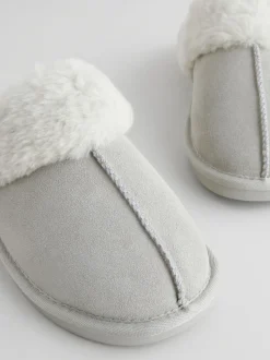 Gris - Chaussons mules en daim et fausse fourrure