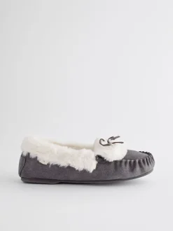 Gris - Chaussons style mocassins en daim
