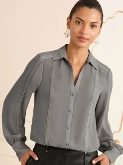 Gris - Chemise Love & Roses à manches longues boutonnée