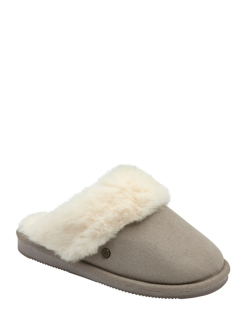 Gris - Dunlop Chaussons mules en faux daim col en fourrure