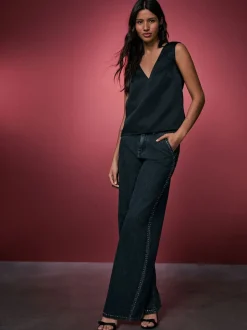 Gris - Jean palazzo taille haute clouté noir délavé avec ornements à jambe large