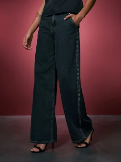 Gris - Jean palazzo taille haute clouté noir délavé avec ornements à jambe large