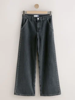 Gris - Jean palazzo taille haute clouté noir délavé avec ornements à jambe large