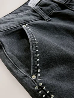 Gris - Jean palazzo taille haute clouté noir délavé avec ornements à jambe large