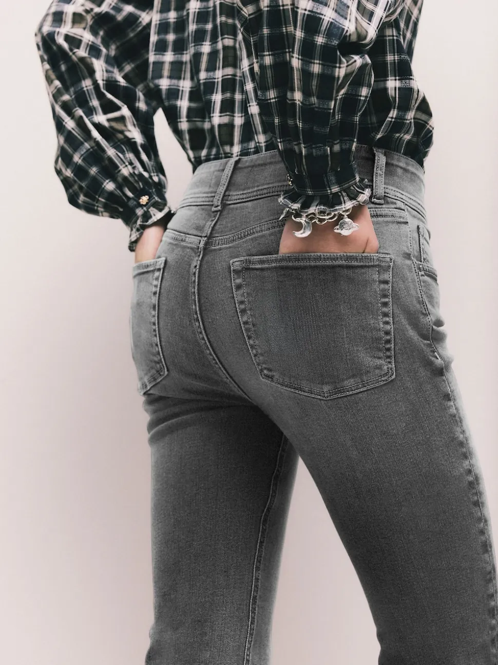 Gris - Jean évasé extensible à taille haute