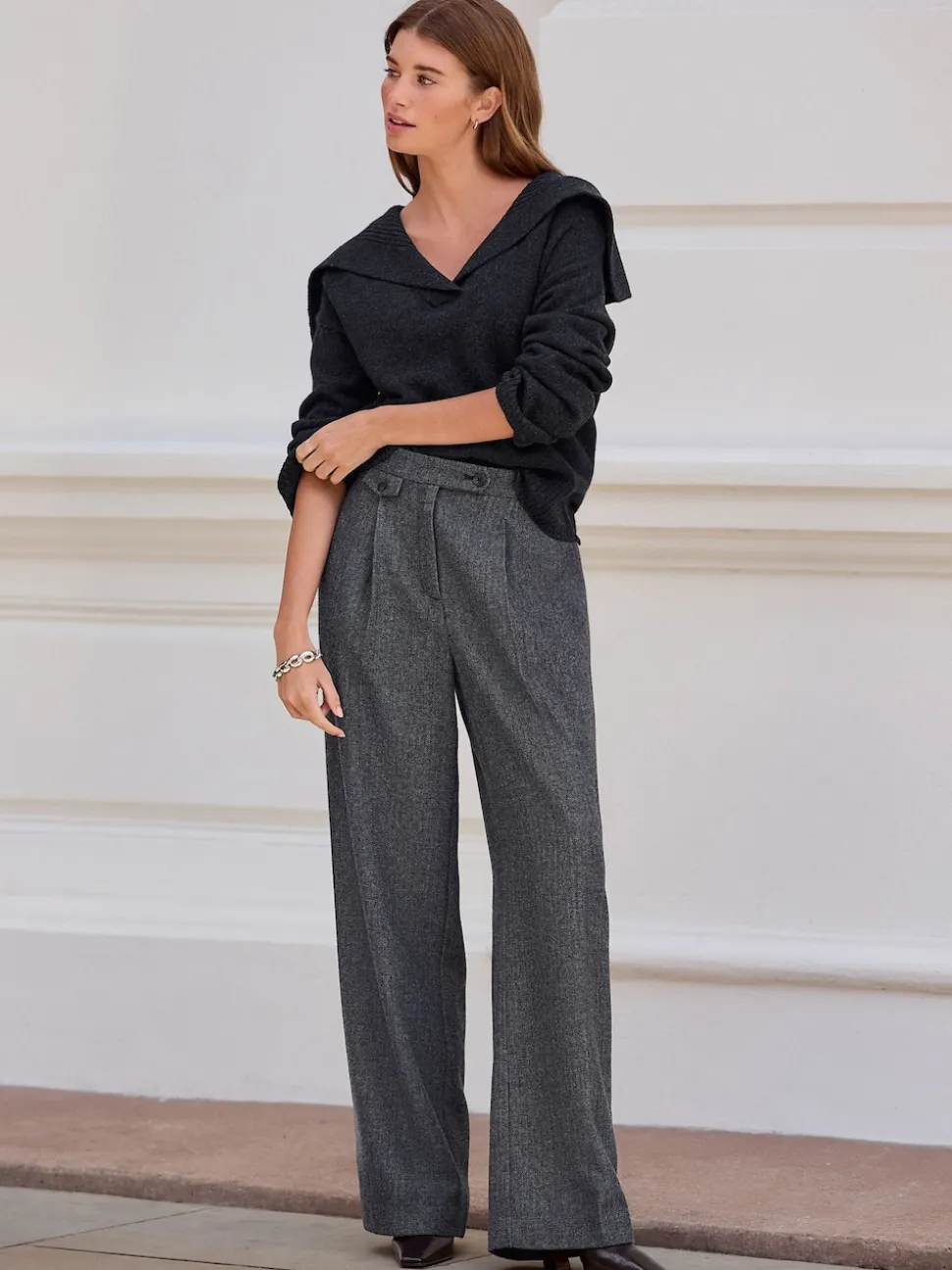 Gris - N. Premium Pantalons Plissé Jambe large en laine